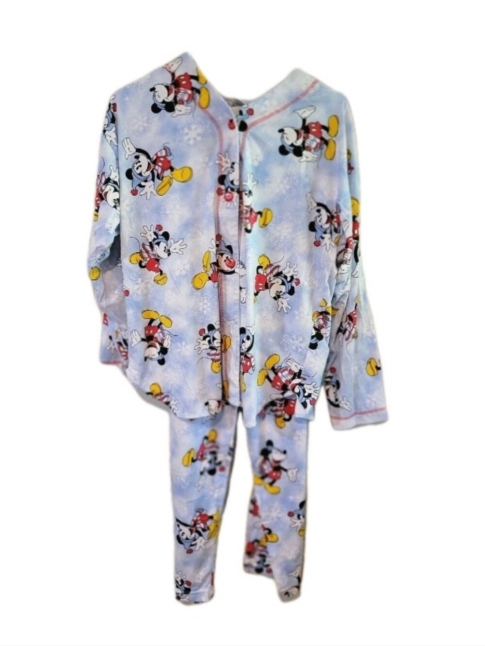 Vintage 90s Mickey Mouse Disney Fleece Pajama Set Snow Winter Button Up Medium
